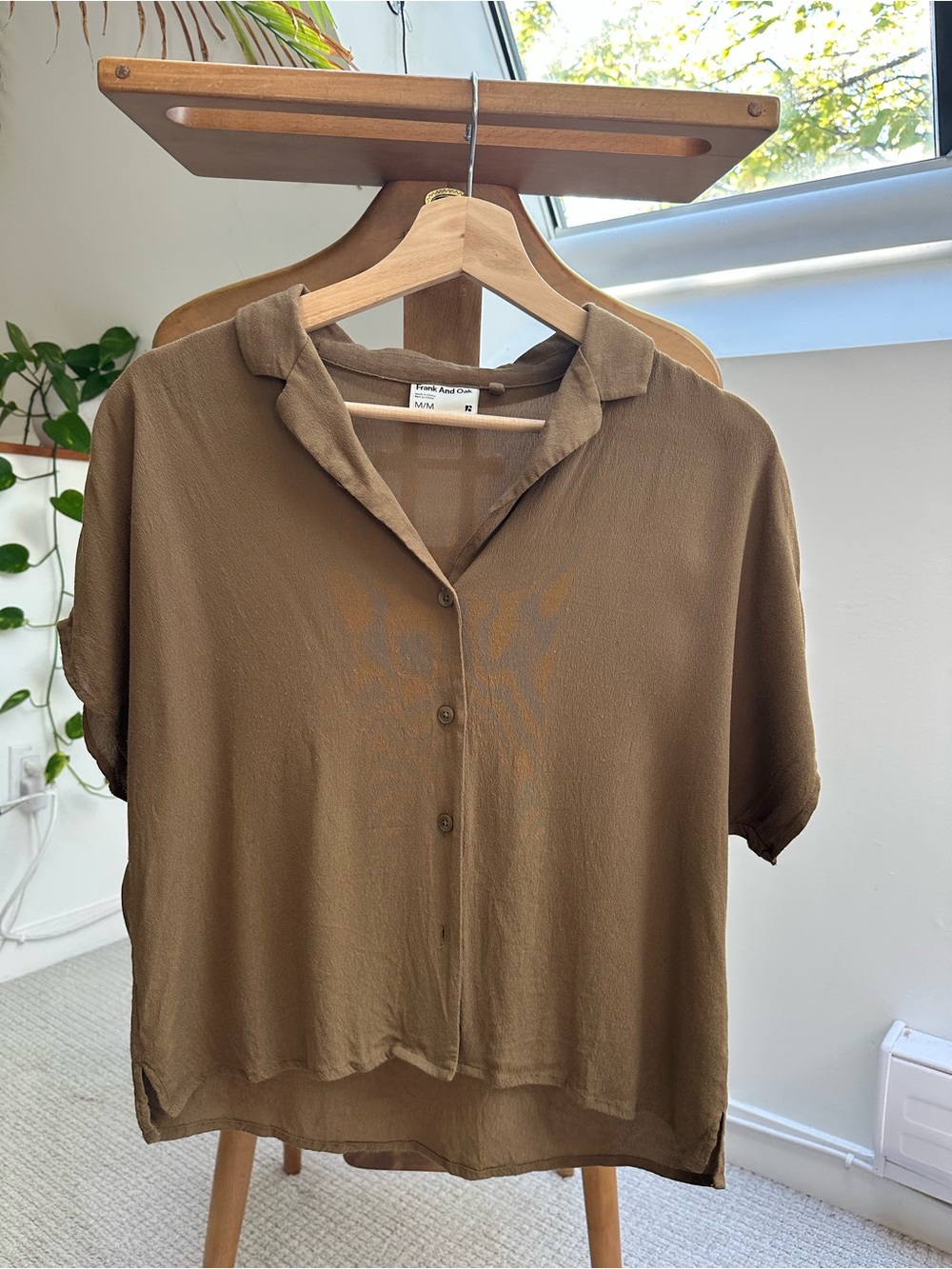 Frank & Oak Olive Brown Short Sleeve Button-Down Shirt